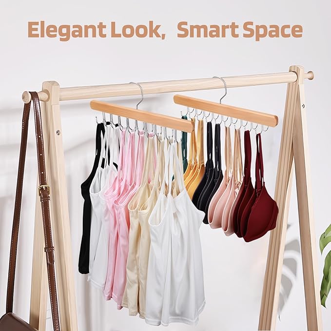 2 Pack Bra Hanger for Closet Organizer, Premium Wooden Tank Top Hangers with 40 Foldable Hooks, 360° Rotating Design, Space Saving Storage for Tank Tops, Bras, Scarves and More