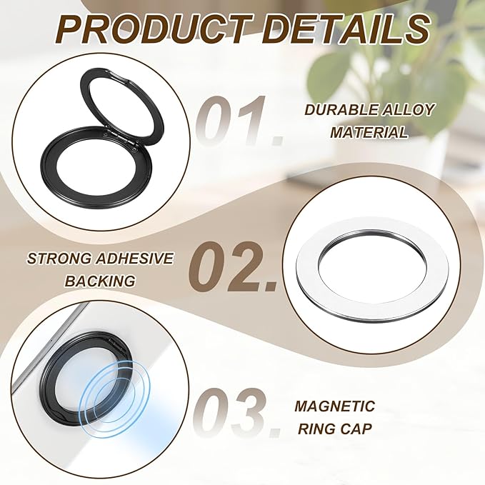 PATIKIL Phone Ring Holder, Metal 360 Rotation Magnetic Phone Grip Holder Stand with Adhesive Backing Smartphone Finger Grip Kickstand for Tablet Case Car Mount Accessory, Black