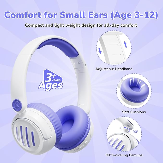 Kids Bluetooth Headphones Wireless On-Ear with USB-C Fast Charge,Microphone & 85dB Volume Limiter,Foldable Lightweight Toddler Headphones with AUX for School Travel (White)