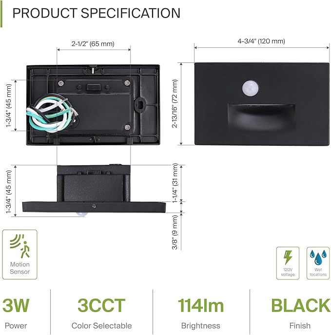 ASD LED Recessed Step Light Fixture, Outdoor & Indoor Stair Tread Lighting | 3CCT, Motion Sensor, Waterproof, ETL Listed | 3W 120LM 3000K-5000K 120V | Staircase Hardwired Illumination | Black, 12 Pack