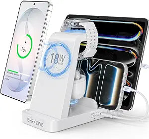 Wireless Charger for Samsung: 5 in 1 Samsung Wireless Charging Station for Galaxy S26Ultra/S25/S24, Charger Dock Stand for Galaxy Watch8/7/6/5, Android Charging Station for All USB-C Buds, White