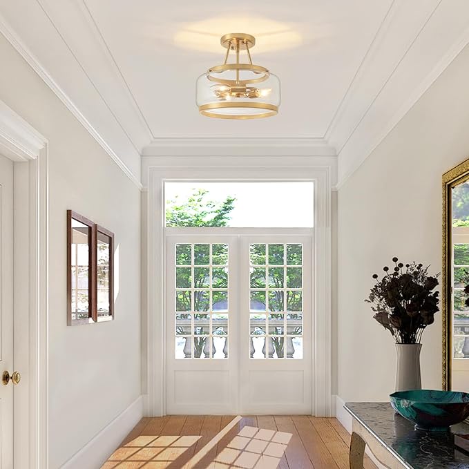 11.81" Brushed Gold Semi Flush Mount Ceiling Light, Modern Glass Drum Light Fixtures, 3-Light Golden Ceiling Lights for Hallway Entryway Bedroom Laundry Room Kitchen Dining Room Lighting, UL-Listed