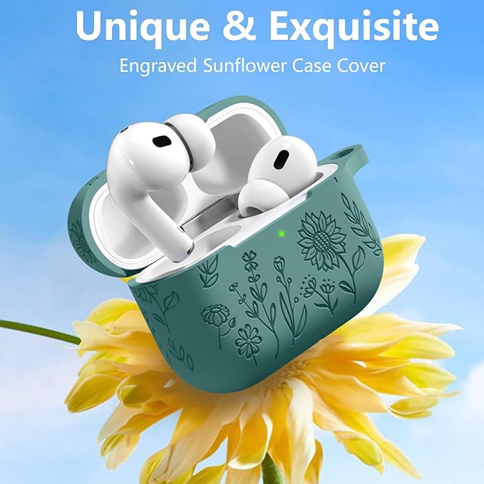 Hamile for AirPods Pro 2nd/1st Generation Case with Cleaner Kit & Keychain, Cute Flower Engraved Soft Silicone Protective AirPods Pro Case Cover for Apple AirPods Pro Case 2nd/1st Gen, Pine Green