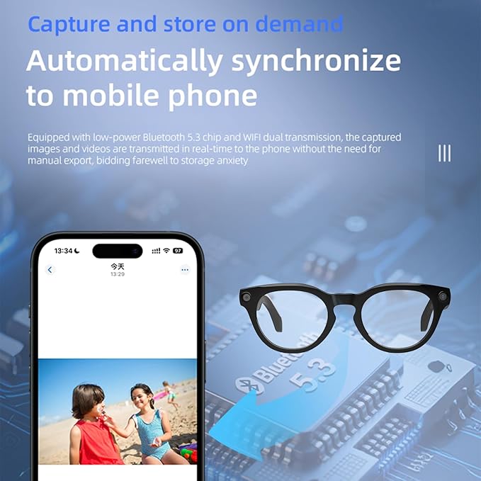 AI Bluetooth Smart Glasses with Camera, 1200P Video Recording Glasses, 8MP Anti-Shake Camera Glasses, Voice Assistant, Supports Photo/Video/Audio Recording, with AI Assistant & Real-Time Translation