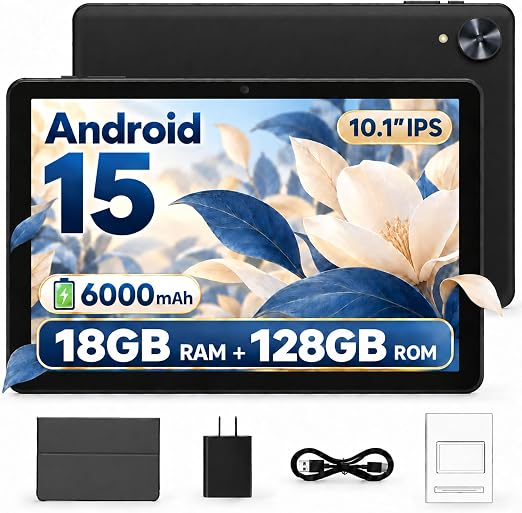 Android 15 Tablet, 10.1 Inch, 18GB RAM, 128GB, 1TB Expandable