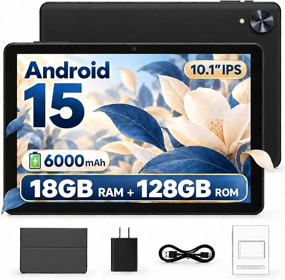 Android 15 Tablet, 10.1 Inch, 18GB RAM, 128GB, 1TB Expandable