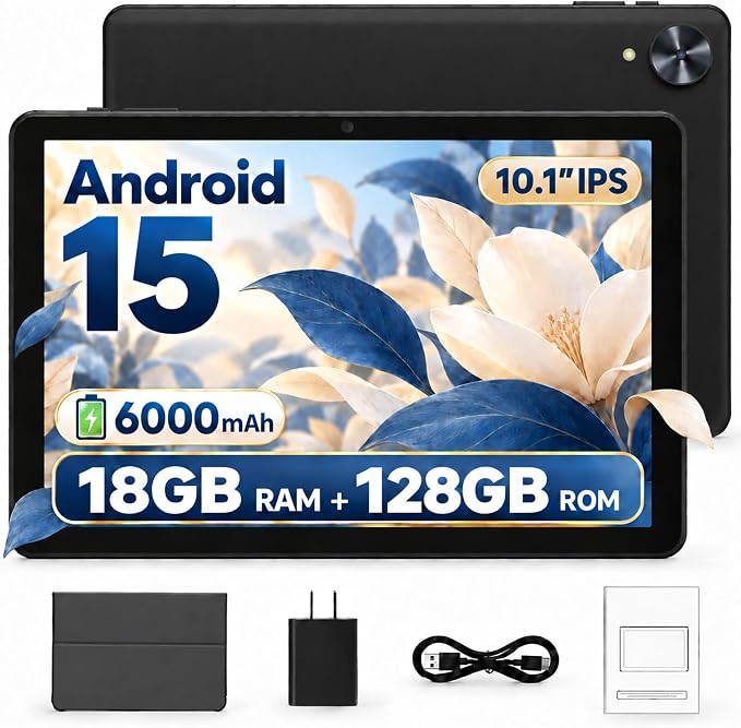 Android 15 Tablet, 10.1 Inch, 18GB RAM, 128GB, 1TB Expandable