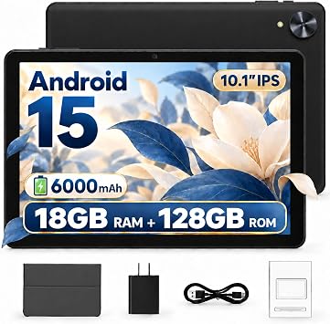 Android 15 Tablet, 10.1 Inch, 18GB RAM, 128GB, 1TB Expandable
