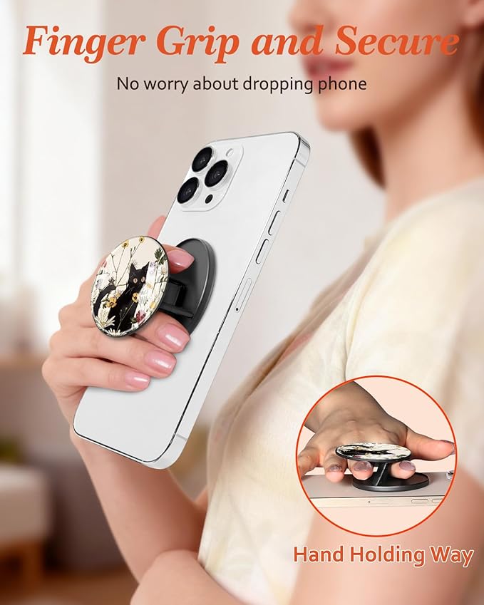 Kidcube Magnetic Phone Grip Compatible with Magsafe - Cell Phone Grip Stand Magnetic Ring Holder Finger Kickstand for iPhone 17 16 15 14 13 12 Series Magnet Removable Accessories Cute Black Cat Flower