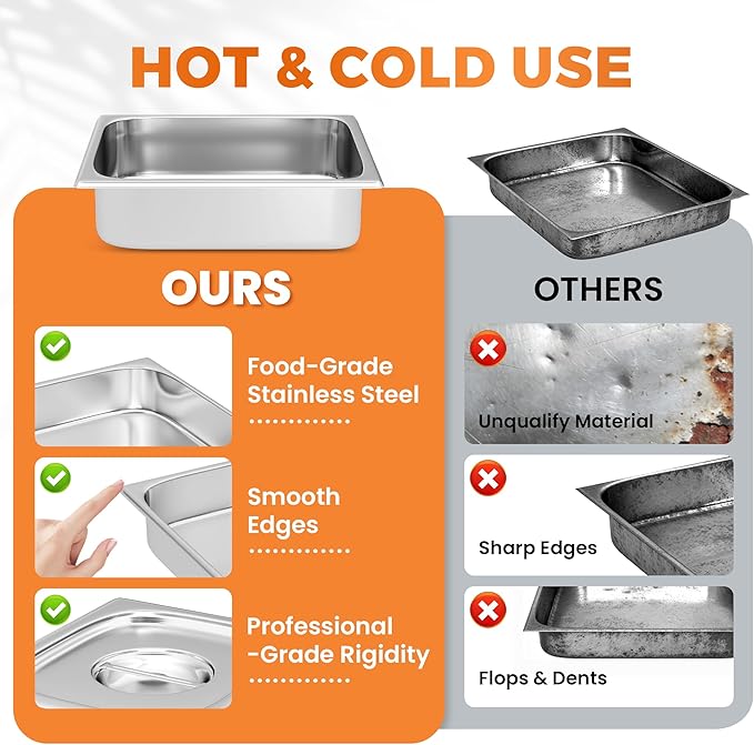 4 Pack Hotel Pans with Lids 1/2 Size 4" Deep, Stainless Steel Steam Table Pan with Lid, Commercial Metal Buffet Food Storage Container, Anti-Jam Design, for Restaurant, Kitchen, Party, Home