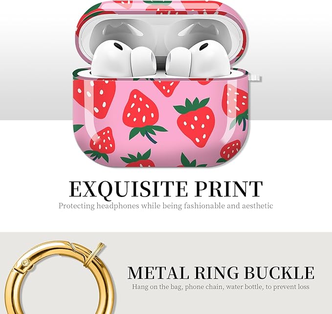 Case for AirPod Pro 3 Shock-Proof Protective Hard Case with Golden Keychain Compatible with Apple Airpods Pro 3rd Generation 2025 (Cute Pink Strawberry)