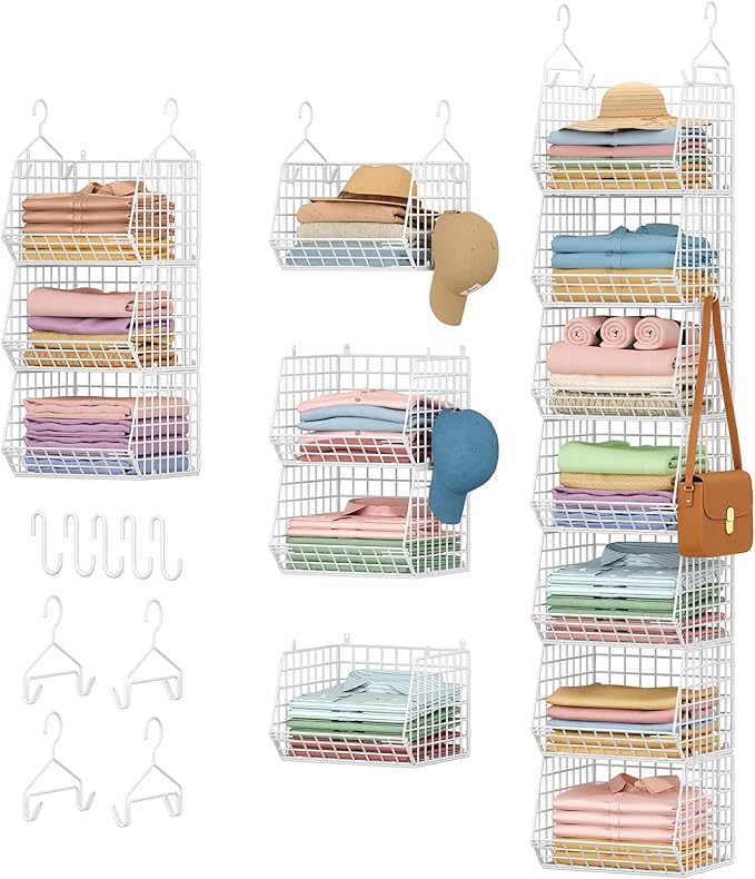 X-cosrack 7 Tier Hanging Closet Organizer and Storage, Foldable Wire Closet Shelving with 5 S Hooks,Hanging Basket for Clothes Sweaters Shoes Handbags,Wardrobe Kitchen Laundry Room-White