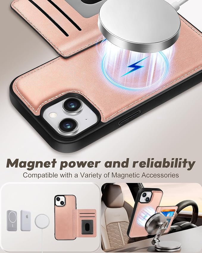 for iPhone 15 Plus Case with Wallet - Fits 4 Card Slots, Compatible with MagSafe for Women Aesthetic Durable PU Leather Credit Card Holder Kickstand Phone Cover for Apple 15 Plus, Rose Gold