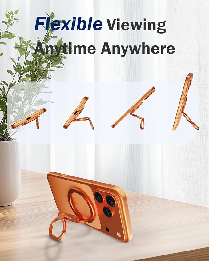 Phone Grip for MagSafe,360°& 180°Rotation Magnetic Phone Ring Holder with Kickstand,Dual-Ring Thin Phone Stand for 17/16/15/14/13/12 Series-Orange