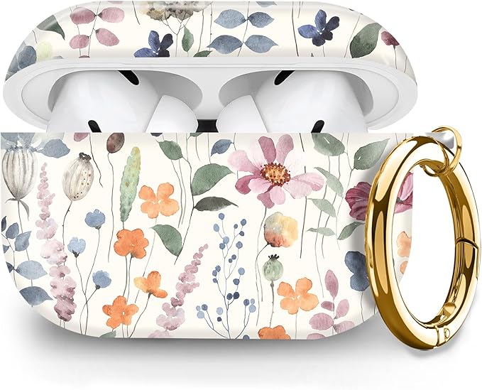 Compatible with Airpod pro 2nd/1st Generation Case Cover with Gold Round Keychain Cute Pattern Hard & Anti Slip Cover for Men Women & Girls(Cute Watercolor Flowers)