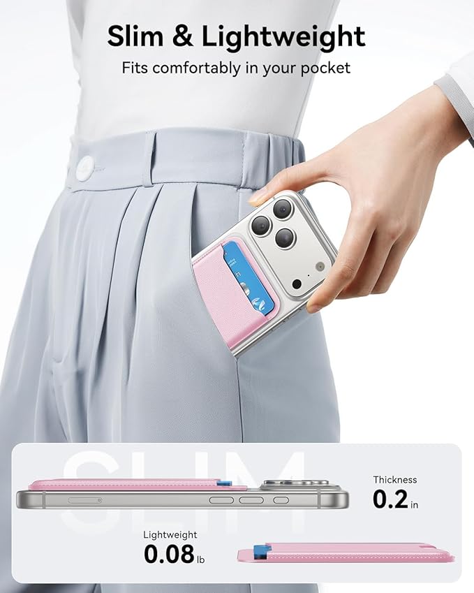 for MagSafe Wallet, 3 Cards Holder, Slim Magnetic Phone Wallet for iPhone 17/16/15/14/13/12 Pro Max Plus Air Series,RFID Blocking Vegan Leather,Pink