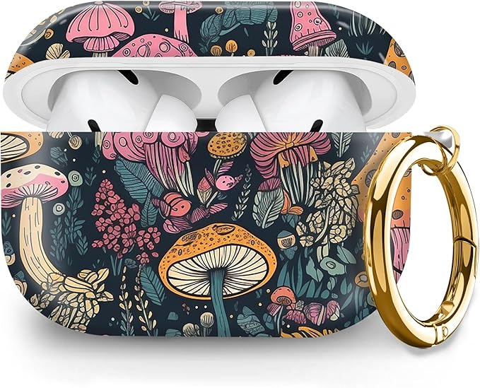 Cute Hard Case Compatible with AirPods Pro 2nd/1st Generation, Protective Cover with Golden Keychain, Fits 2023/2022/2019 Models, for Women, Girls, and Men(Boho Mushroom