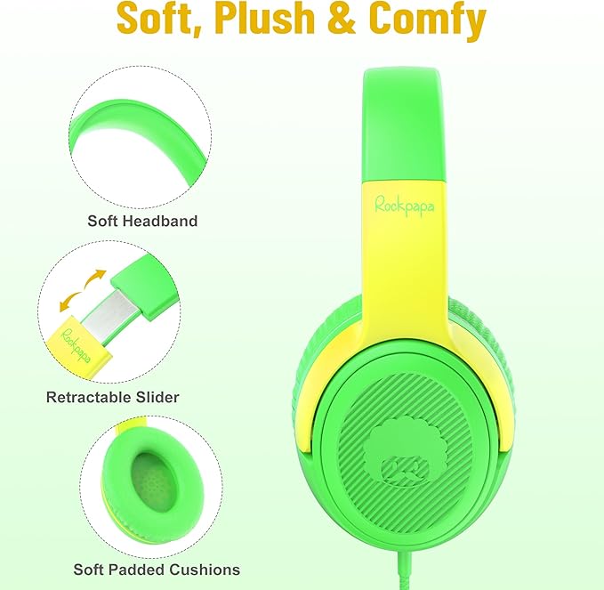 rockpapa Share 1 Kids Headphones Wired with Microphone & Share Port, 85dB/94dB Volume Limited, Cute Foldable Student Child Boys Girls Headphones for School/Travel Green/Yellow+Pink/Green