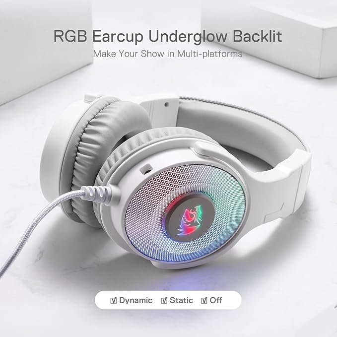 Redragon H350 White Wired Gaming Headset, Dynamic RGB Backlight - Stereo Surround-Sound - 50MM Drivers - Detachable Microphone, Over-Ear Headphones Works for PC/PS4/XBOX One/NS