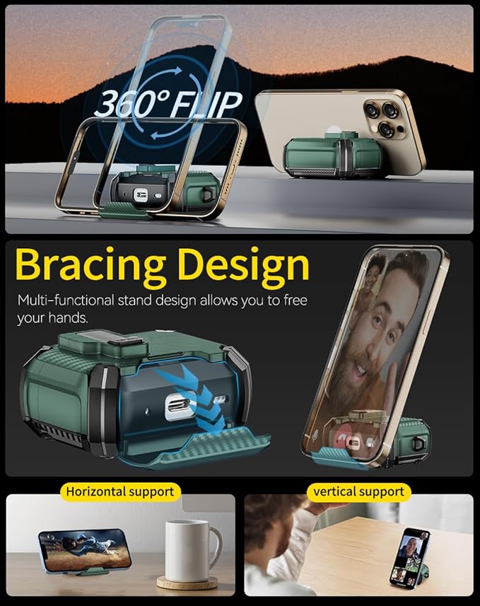Compatible with AirPods 4 Case,Magnetic Automatic Lock with Phone Stand & Cleaning Kit,Compatible with Magsafe,Carbon Fiber Texture Cover -Green