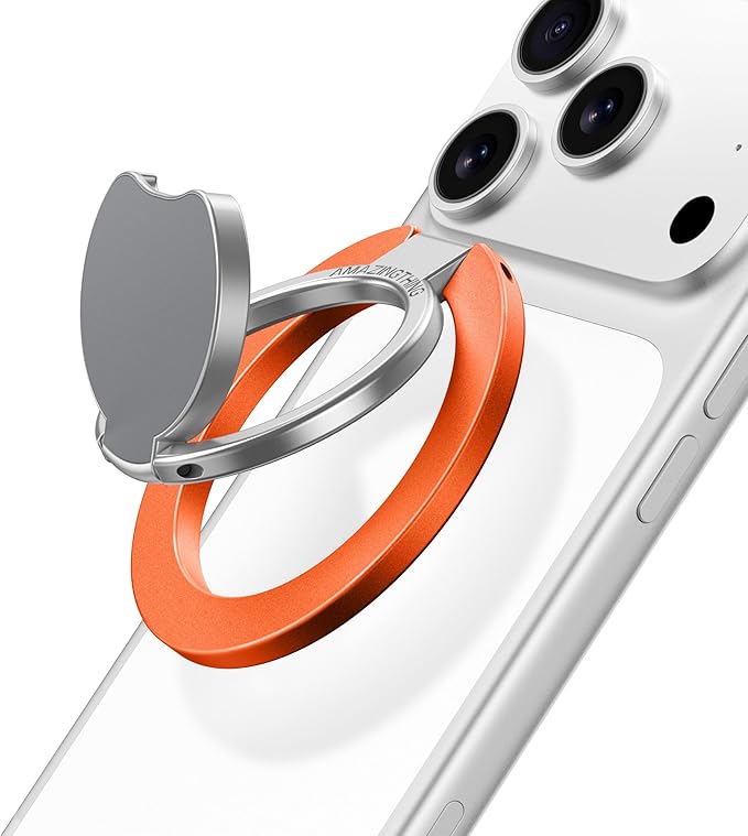 AMAZINGthing [Titan PRO MagFlex Grip Removable Phone Grip & Kickstand, Dual-Magnetic Mount, MagSafe-Compatible for iPhone 17/16/15/14/13/12 and MagSafe Cases Orange