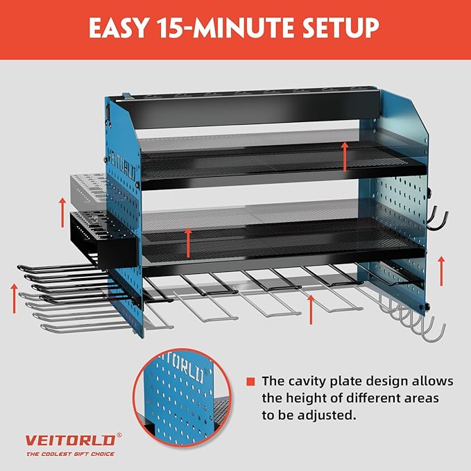 Veitorld Power Tool Organizer with Power Strip, 4 Drill Holders Tool Storage, Heavy Duty Rack for Garage Organization, Wall Mount Tool Organizer, Christmas Anniversary Birthday Gifts for Men Dad Him