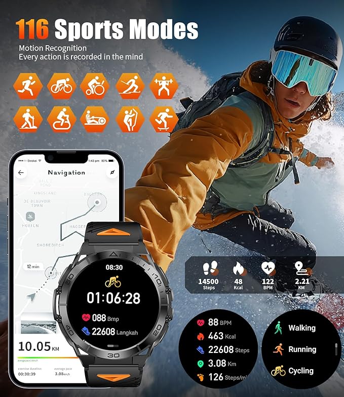 Military Smart Watch for Men,1.6" AMOLED Screen /600mAh Battery/5ATM Waterproof Smartwatches (Answer/Dial Calls) Fitness Tracker with Heart Rate/Sleep Tracking/Blood Oxygen for Android/iOS Black