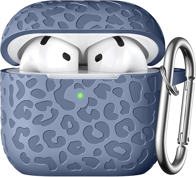 Leopard Engraved for AirPods 4 Case Cover 2024,Soft Silicone Protective Case Compatible with Apple AirPods 4th Generation for Women,Cute for AirPod 4 Accessories with Keychain (Blue Gray)