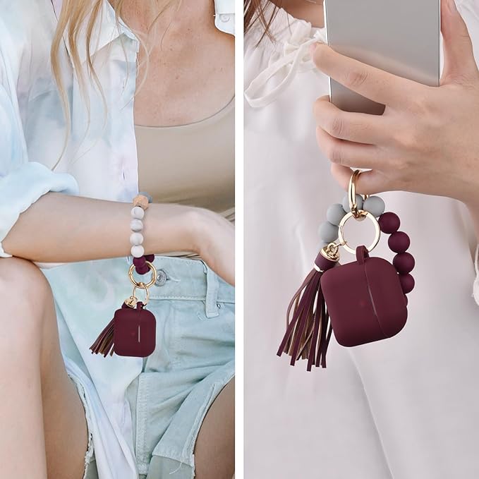 Filoto Compatible with AirPods 4 Case - Soft Silicone Cover with Bracelet Lanyard and Keychain, Shockproof and Scratch-Resistant, Cute Design for Compatible withAirPods 4th Generation(Burgundy)