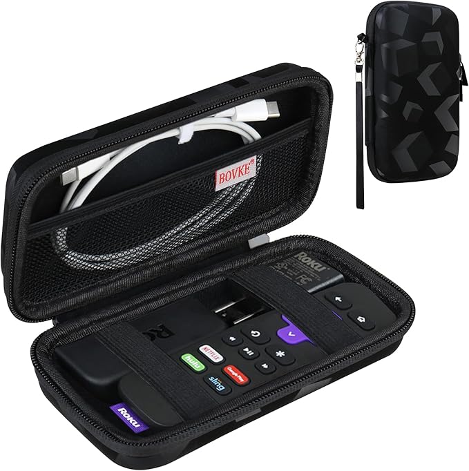 BOVKE Hard Case for Roku Voice Remote Controller, Streaming Stick+ / 4K, TV Remote Case for Steaming Stick 3820R/ 3821R/3941R, Extra Mesh Pocket for Adapters, Cables, Black Cube