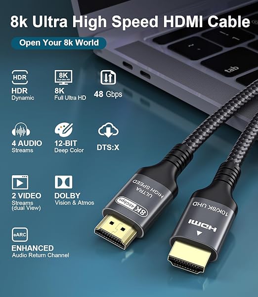 Certified 10K 8K HDMI 2.1 Cable 15 FT, 48Gbps Ultra High Speed HDMI® Cord Ethernet CEC 4K 240Hz 165Hz 144Hz 120Hz 8K 60Hz eARC Netflix HDCP2.3 HDR10+ PC Laptop RTX5090 TV Monitor Projector X-box PS5