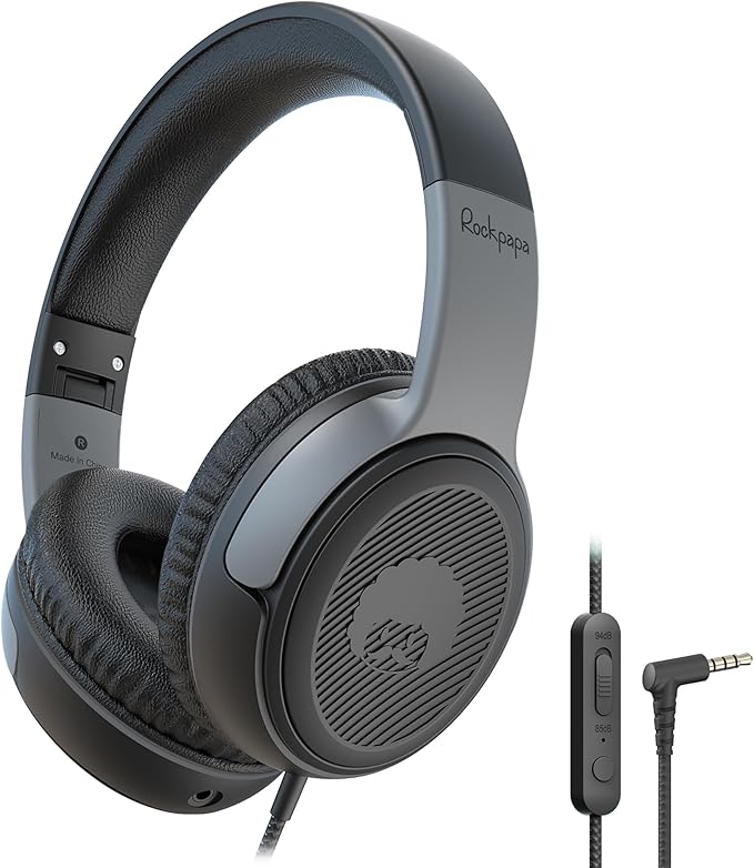 rockpapa Share 1 Kids Headphones Wired with Microphone & Share Port, 85dB/94dB Volume Limited, Cute Foldable Student Child Boys Girls Headphones for School/Classroom/Travel Black/Grey