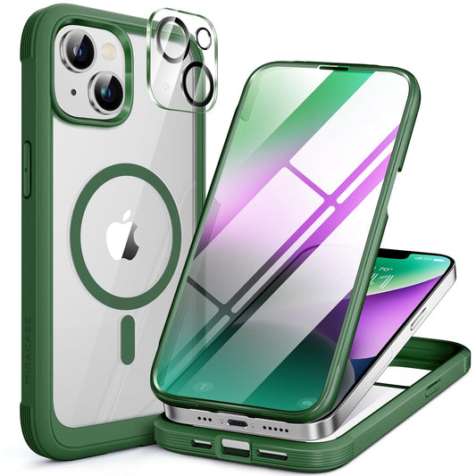 Miracase Glass Series Designed for iPhone 14 Plus Case 6.7 inch, 2023 Upgrade Full-Body Magnetic Clear Case with Built-in 9H Tempered Glass Screen Protector,Compatible with MagSafe,Green