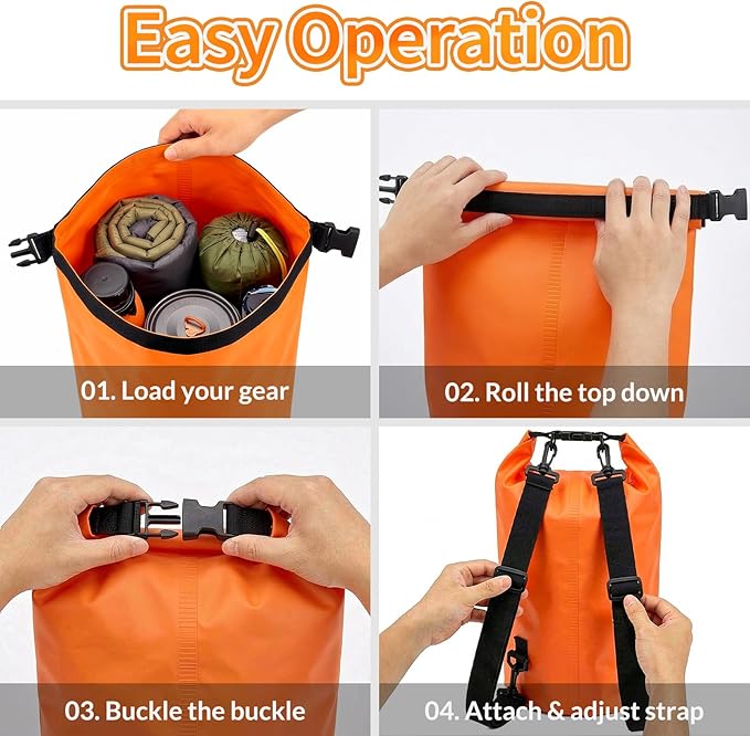 Waterproof Dry Bag, 20L Water Proof Backpack, Roll Top Closure Dry Bag Orange, Heavy Duty Floating Pouch for Kayaking Boating, Durable Hiking Backpack with IPX8 Waterproof Phone Case-Black, 7"
