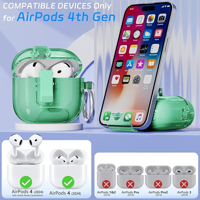 for AirPods 4 Case with Phone Stand & Safety Lock, Auto-Open Clear AirPod Case Compatible with Apple AirPods 4th Gen 2024, Anti-Scratch & Shockproof Protective Cover with Cleaning Kit & Keychain