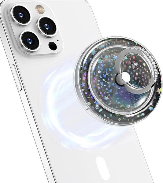 Transparent Magnetic Phone Grip Compatible with MagSafe Phone Ring Holder,360°Adjustable & Removable Silver Star Diamond Laser Design Magnet Stand for Phones and Tablets