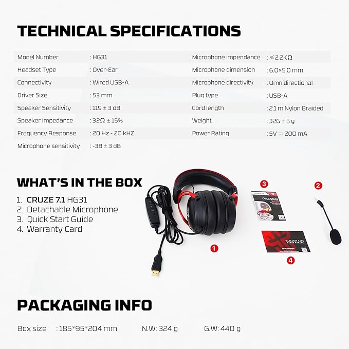 FANTECH Cruze 7.1 HG31 Gaming Headset with 53mm Drivers, Virtual 7.1 Surround Sound, Detachable Microphone, USB Connection, RGB Lighting, and in-Line Controls for PC, PS5, PS4, Xbox