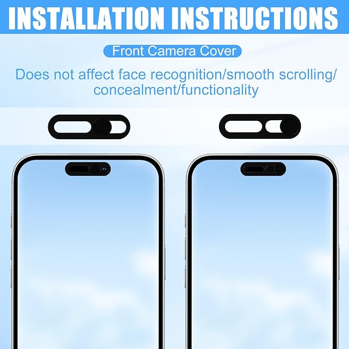 2pcs Front Camera Cover Slide, Ultra Thin Webcam Cover Front Phone Camera Protection to Protect Privacy and Security Compatible with iPhone 15 16 17 Air 14 17 Pro Max (Black)