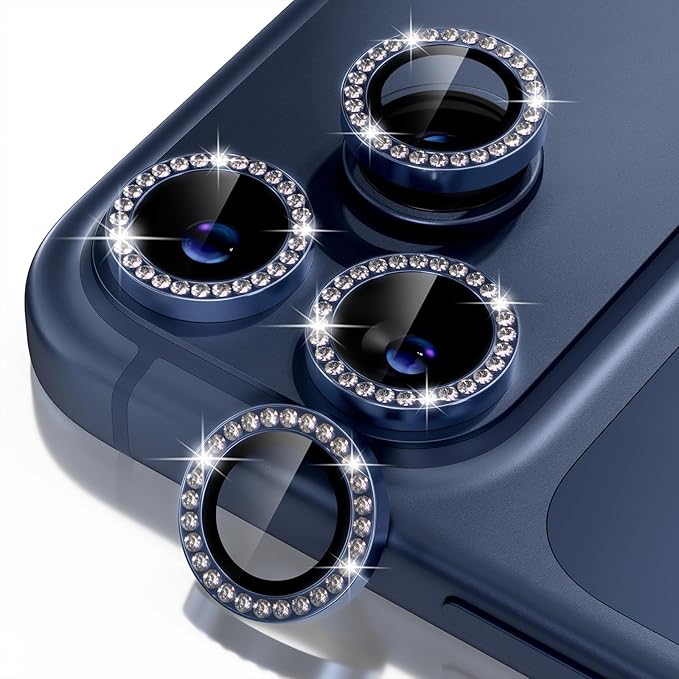 Misea Compatible for iPhone 17 Pro/iPhone 17 Pro Max Camera Lens Protector Bling, 9H Tempered Glass Camera Cover Screen Protector Metal Individual Ring Decoration Accessories, Blue Diamond