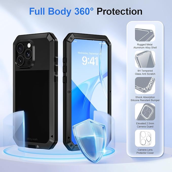 Mitywah Metal Case for iPhone 16 Pro, Heavy Duty Rugged Phone Case Built-in 9H Temperd Screen Protector, Military Grade Full Body Protective Dual Layer Bumper Protective Case for 16 Pro 6.3" Black