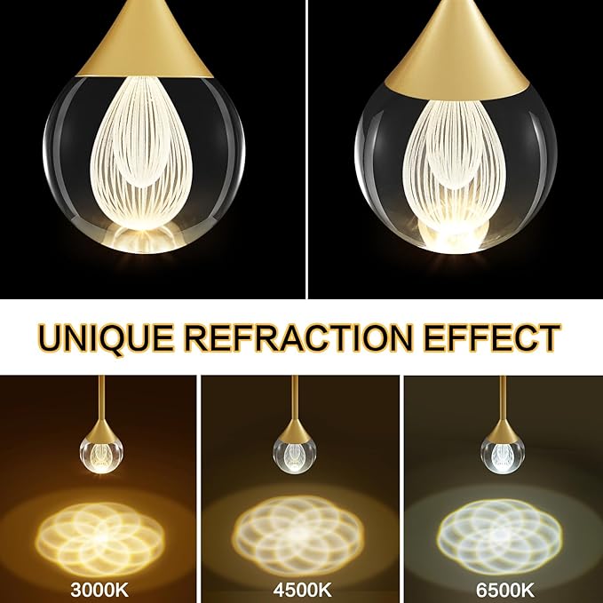 Gold Pendant Lights Kitchen Island – 4W LED Pendant Light with Remote Dimmable 3 Color Temperature Crystal Teardrop Chandelier for Bathroom, Bedroom, and Dining Room (1-Light)