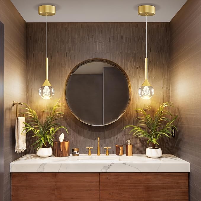 Gold Pendant Lights Kitchen Island – 4W LED Pendant Light with Remote Dimmable 3 Color Temperature Crystal Teardrop Chandelier for Bathroom, Bedroom, and Dining Room (1-Light)