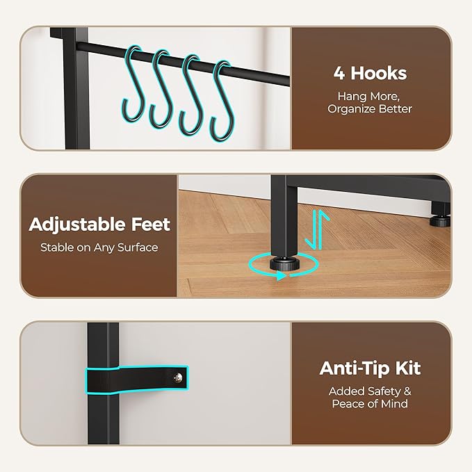 Huuger 31.5 Inch Bakers Rack with Power Outlets, Kitchen Microwave Stand with Storage, Coffee Bar with 4 Hooks, 3-Level Height Open Shelves, Rustic Brown