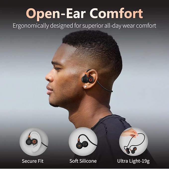 Ortizan Open Ear Headphones, Bluetooth 5.3 Wireless Air Conduction Headphones Sport Earbuds, Premium Sound, IPX6 Waterproof, Clear Call, 19g Lightweight Earphones for Running Cycling Workouts (Black)