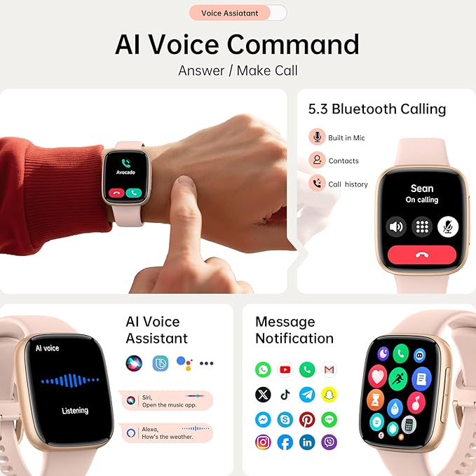 Smart Watches for Women, 1.85" HD AMOLED Display, 2 Bands Included, Works with iPhone & Android, 12-Day Battery, 3ATM Waterproof, Bluetooth Call, Health & Fitness Tracker, Pink