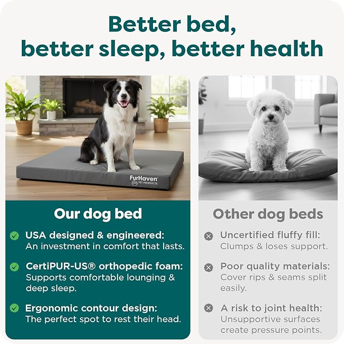 FurHaven Water-Resistant Orthopedic Dog Bed for Large Dogs, Oxford Polycanvas Mattress with Orthopedic Egg Crate Foam for Joint Support, Removable Washable Cover, Large, Stone Gray
