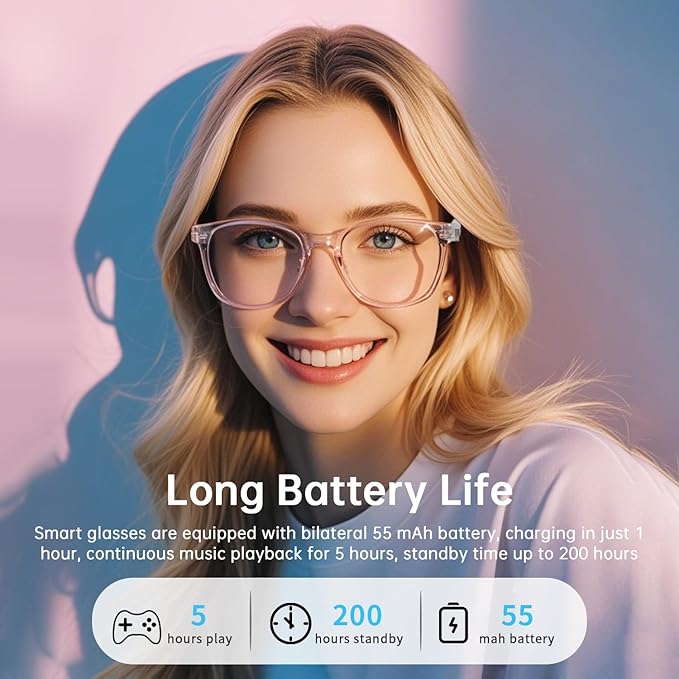 Smart Glasses for Women, Blue Light Filtering Lenses，Bluetooth 5.3, Audio & Mic, Intelligent Touch,Open-Ear Clear Sound, Remote Photography, Ultralight Comfortable Design for Working.