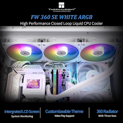 Thermalright FW 360 SE ARGB White-AIO CPU Liquid Cooler,IPS LCD Screen with 320 * 240 Resolution,for AM4/AM5,Intel LGA1700/1851,2-inch Magnet-Absorbent LCD Screen for Images-White,PC CPU Water Cooler