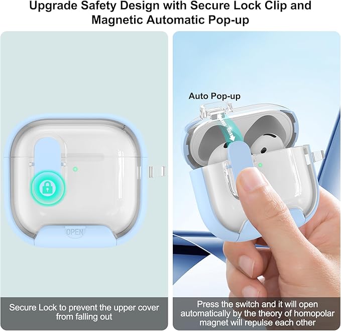 for Airpods 4 Case Clear,Secure Lock for Airpods 4th Generation Case Cover with Phone Stand and Magsafe Function,Auto Pop-up,Hybrid Protection Design with Carabiner&Cleaning Pen-Blue