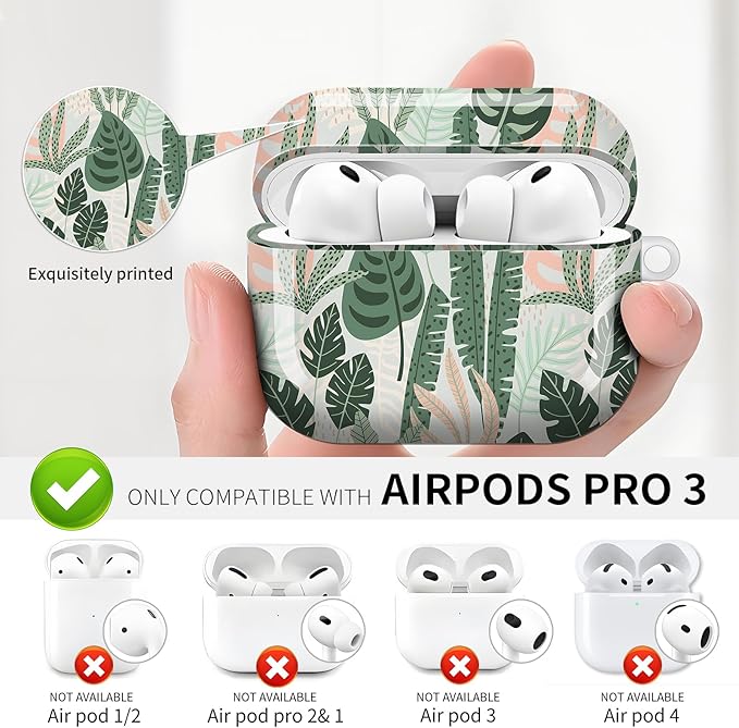 Compatible with AirPod Pro 3 (2025),Cute Case Cover for Women & Men, Full Protection Shockproof Hard Case with Keychain, Wireless Charging Case Accessories(Abstract Tropical Leaves)